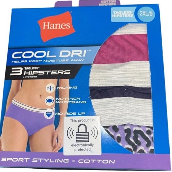 Womens Hanes Tagless Hipsters 3-Pack 2XL/9 Cool DRI Cotton Leopard Purple Pink - Picture 4 of 4